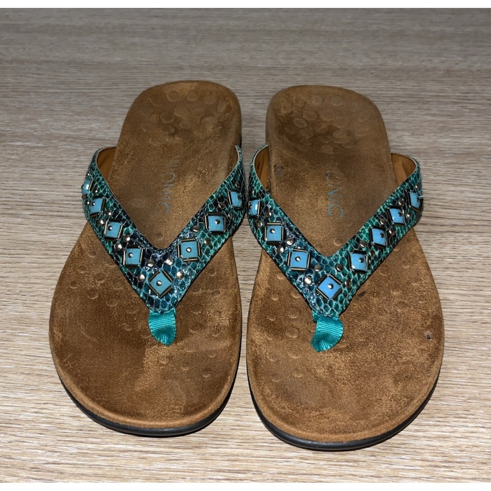 Vionic Womens Floriana Teal Snake Leather Turquoise Sandals Flip Flops Size 8